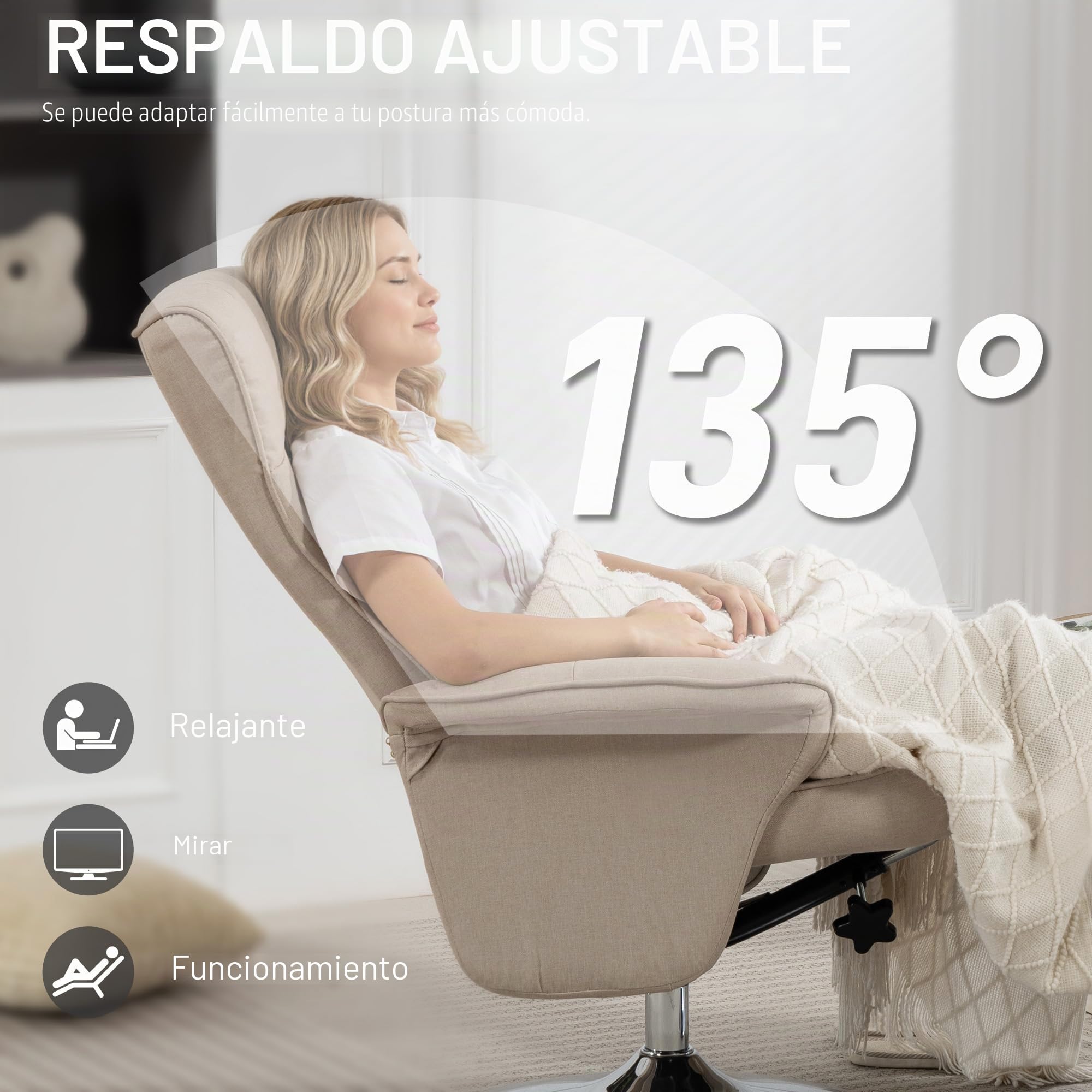 HOMCOM Sillón Relax Inclinable 135° Giratorio 360° con Reposapiés Beige