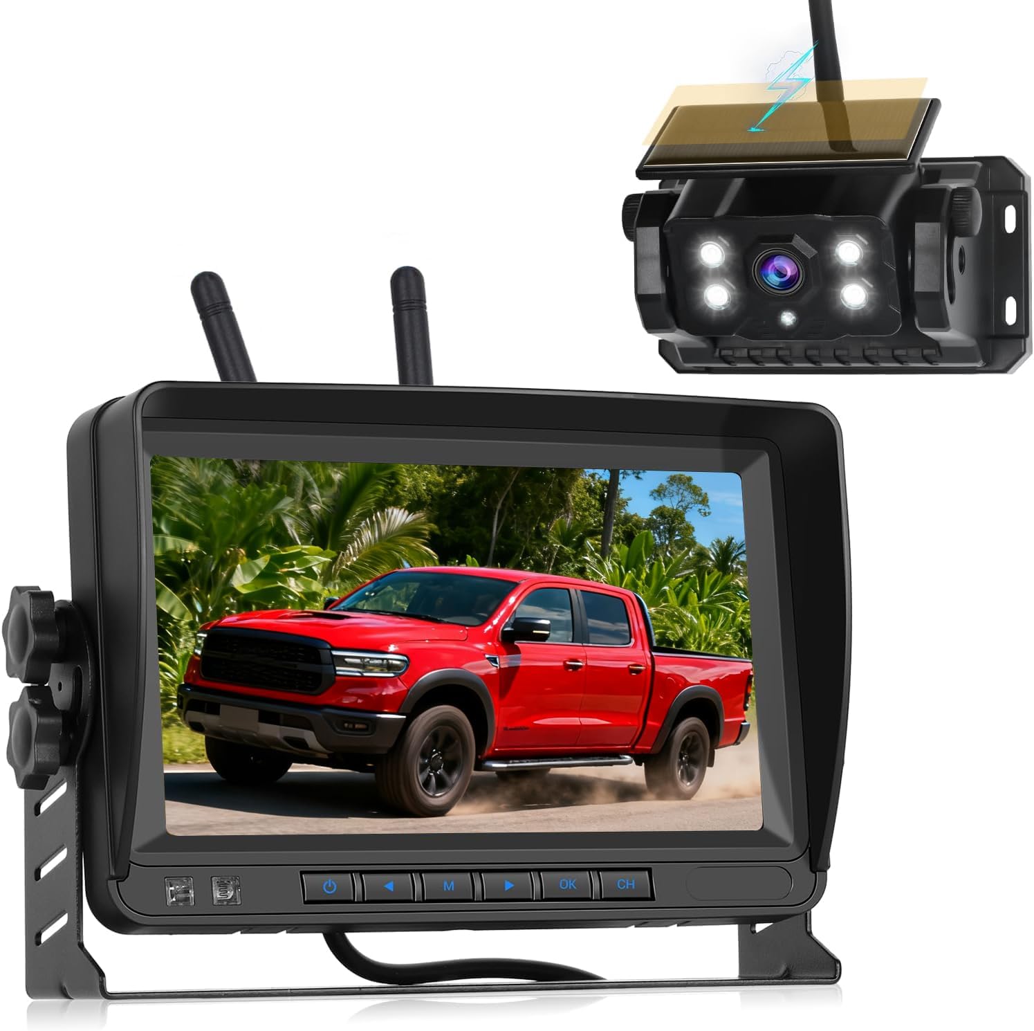 OBEST Wiredless RV Backup Camera with Solar Magnetic, 7" 1080P IR Night Vision Rechargeable Reverse Rear View Backup Camera System,Guide line, No-Delay,Plug-and-Play for Truck, RV, Camper,Tractor