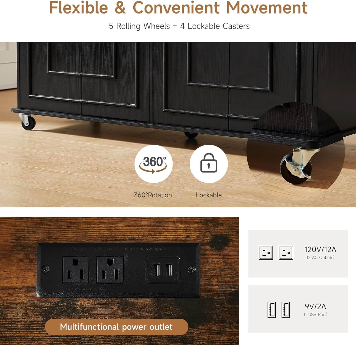 Close-up of ONBRILL Kitchen Island wheels and power outlet