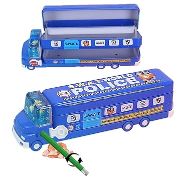 Bluebell Magic Bus Pencil Box with Three Level Storage Capacity,Inside sharpner, Cartoon Printed,Multi-Functional School Bus Stationery School Box with Moving Tyre Gift for Boys 3-10 Years (Metal)