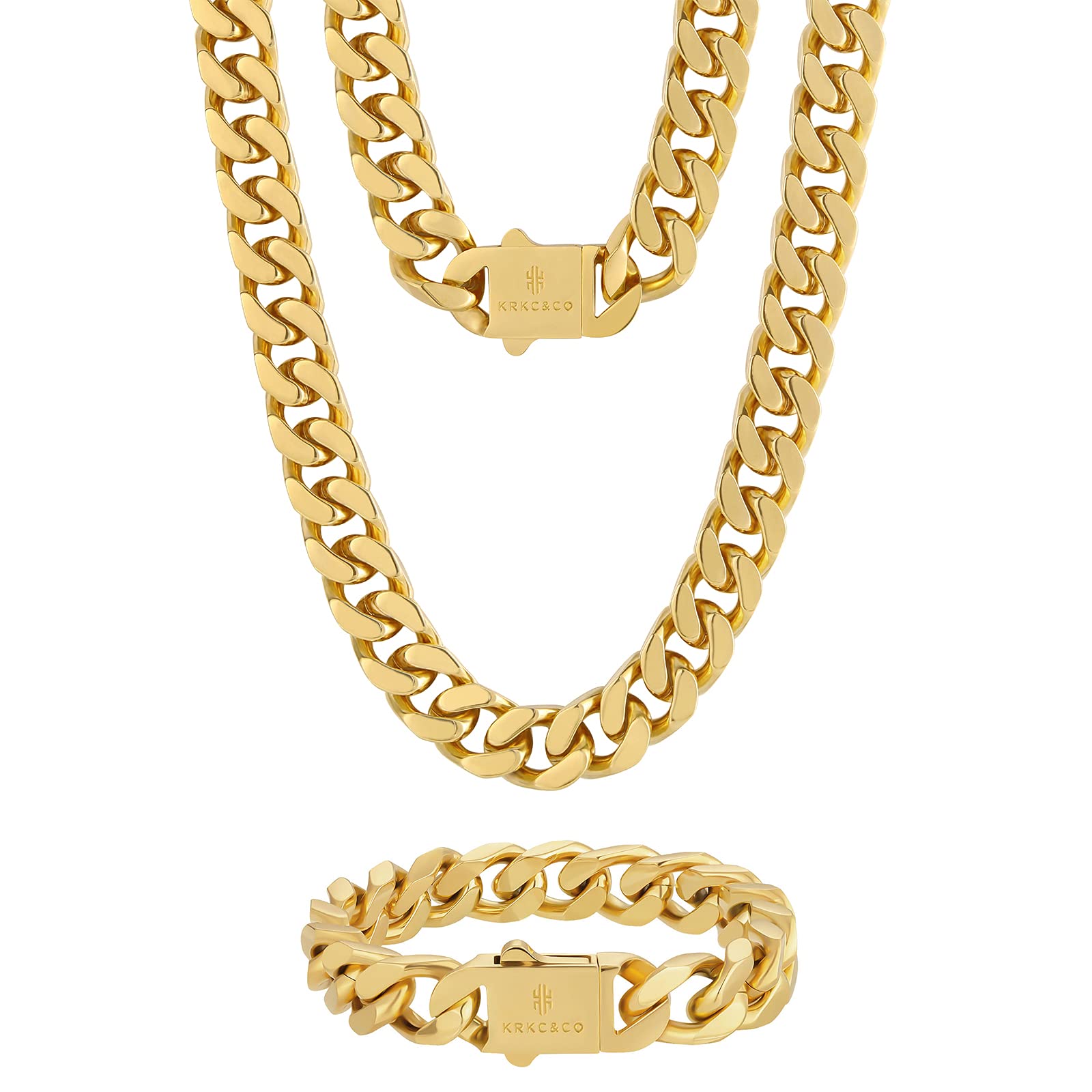 KRKC&CO Mens 12mm 18k Iced Out Cuban Link Curb Chains and Bracelets, Solid No Tarnish Necklace, Durable Street-wear Hip Hop Chains for Men