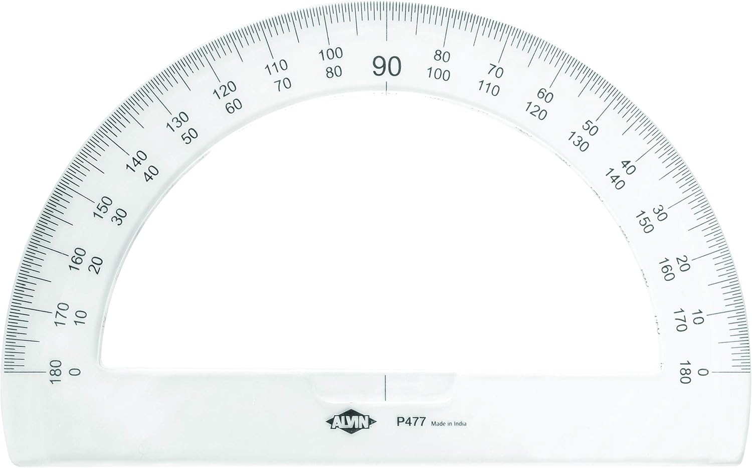Close-up view of the ALVIN P477 8-inch Semicircular Protractor showing clear markings
