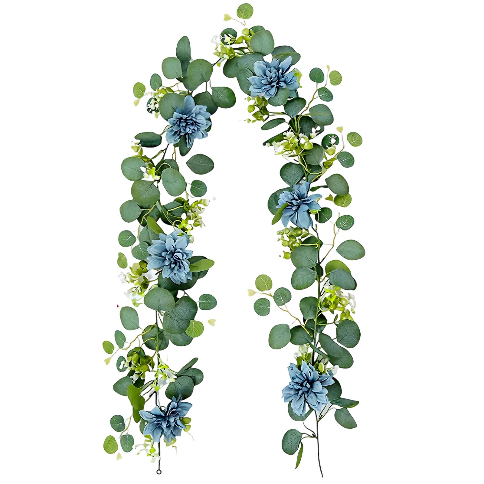 1Pack Eucalyptus Garland, 180CM Artificial Faux Greenery Vine with White Flowers, Hanging Garlands for Mantle Wedding Table Decoration, Green Leaf Swag for Indoor Outdoor