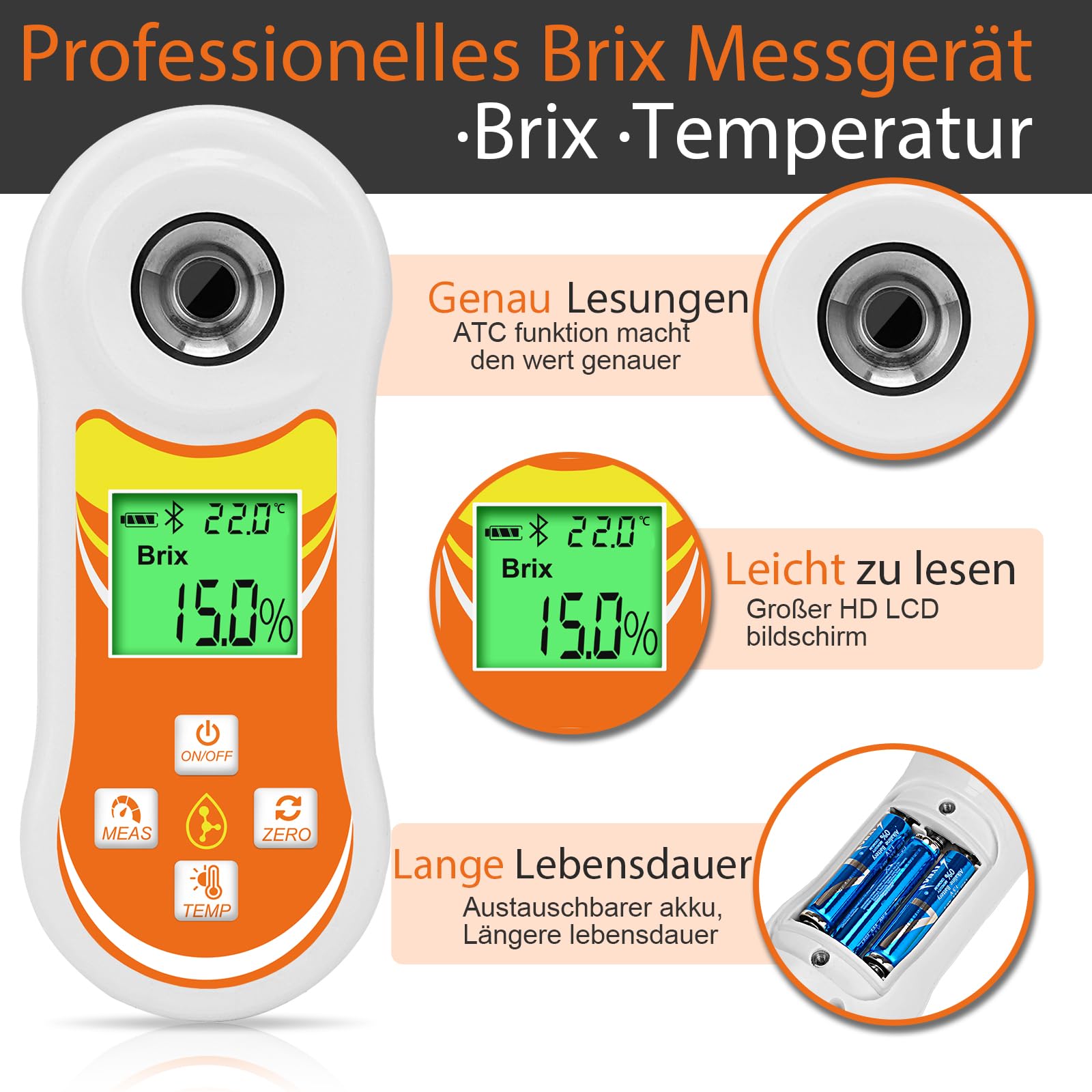 YINMIK Brix Refraktometer Intelligentes Brix Messgerät Zucker Messgerät | Brix Refraktometer mit ATC Funktion, tragbares Brix Messgerät für Obst, Wein- und Bierbrauen Kaffee Ahornsirup Säfte