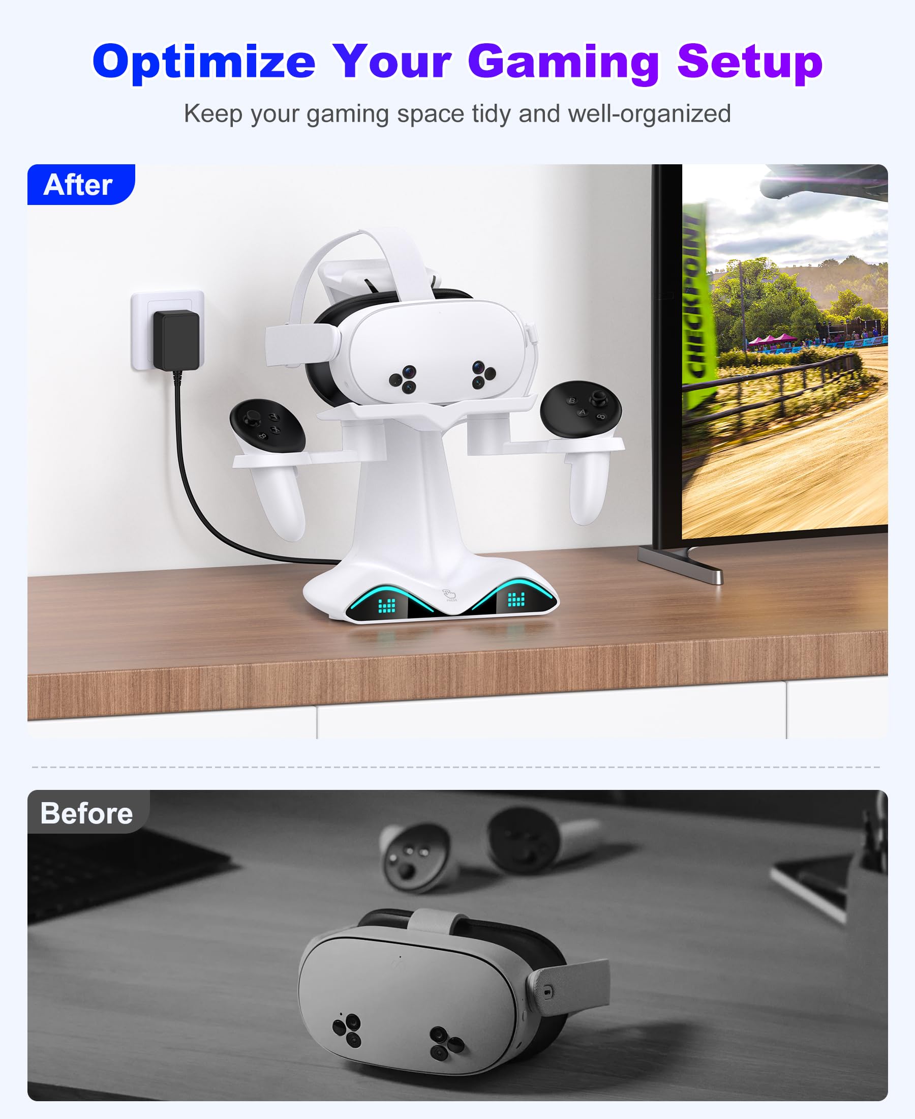 Kawaye Supporto di ricarica rapida per Quest 3, supporto verticale per cuffie VR e controller supporto di ricarica con luce RGB, accessori VR con 2 batterie ricaricabili