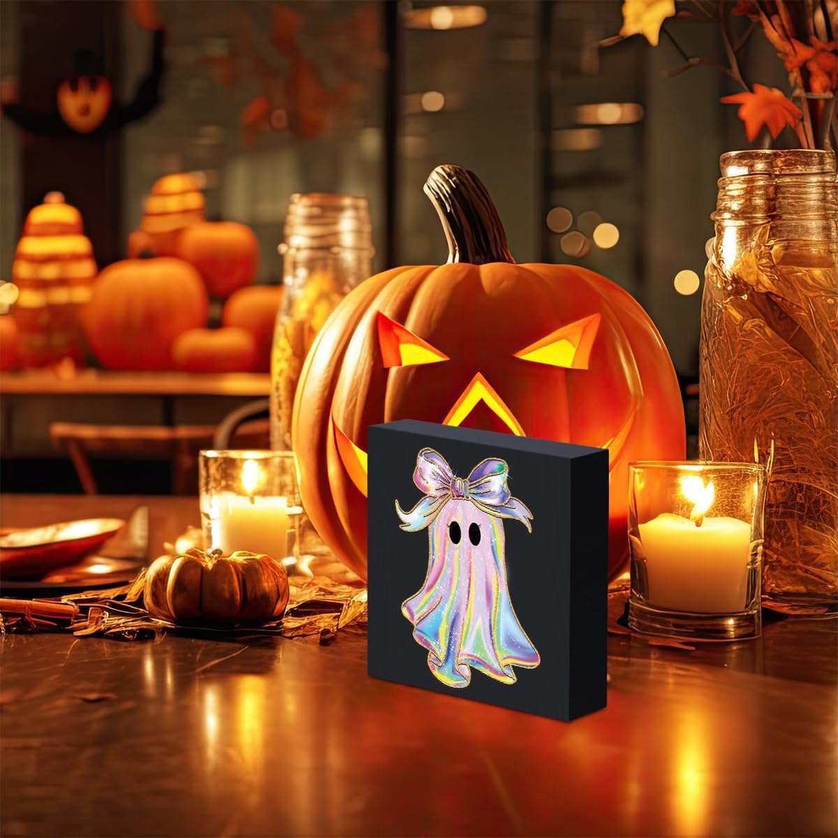 Halloween Cute Iridescent Ghost Table Decorations Indoor Halloween Party Decorations Vintage Coquette Bow Spooky Home Decor Gifts Rustic Wooden Box Sign for Girly Bedroom Office Living Room Shelf image 3