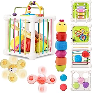 Baby Shape Sorter Toy Activity Cube 8 in 1 Montessori Baby Sensory Toy, Suction Cup Spinner Toys Shape Sorter Toys Early Educational Learning Toys Fine Motor Skill Toy for Toddlers Age 1 2 3