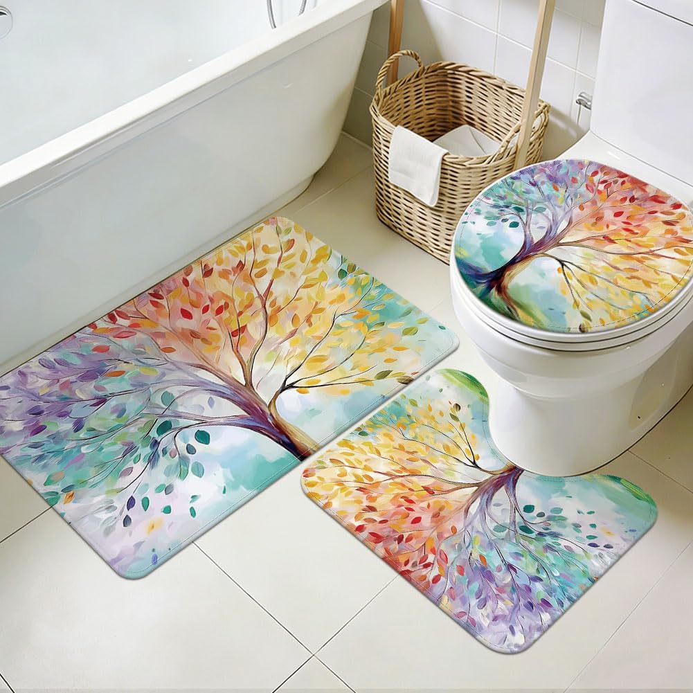 3Pcs Bathroom Rugs Set Washable Marble Floral Bathroom Carpets with Toilet Mats Soft Gradient Non Slip Bath Mat for Laundry Hotels Kitchen Tub Home Decor Purple