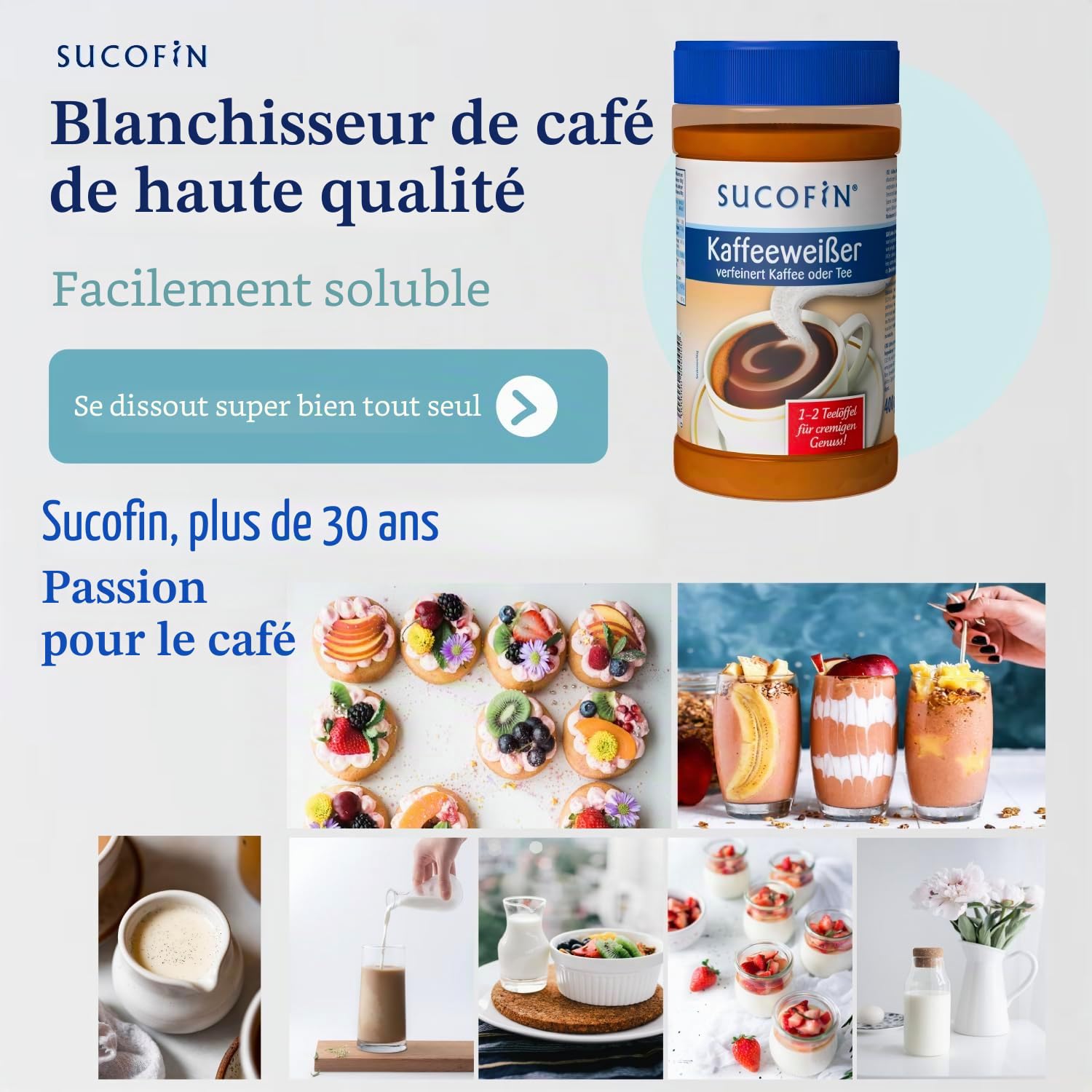 SUCOFIN Lot de 6 boîtes de 400 g de café blanc - Pour affiner le café et le thé facilement solubles - Longue durée de vie - Remplacement parfait du lait en poudre - Lot de 6 pour un plaisir crémeux