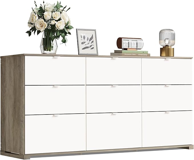 WLIVE 9 Drawer Dresser for Bedroom, 63" Wide Large Wood Chest of Drawers Organize with Sturdy Metal Handle, Modern Dresser for TV Stand, Living Room Office, Hallway, Ball Bearing Slide, Grey Oak