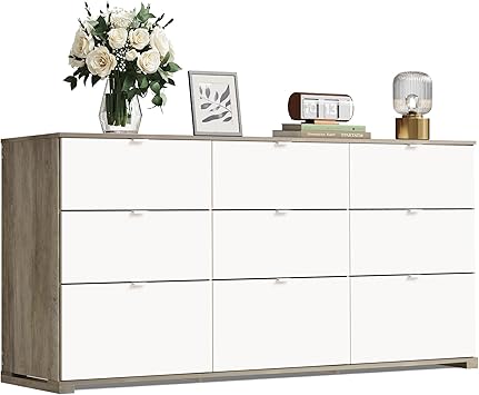 WLIVE 9 Drawer Dresser for Bedroom, 63" Wide Large Wood Chest of Drawers Organize with Sturdy Metal Handle, Modern Dresser for TV Stand, Living Room Office, Hallway, Ball Bearing Slide, Grey Oak
