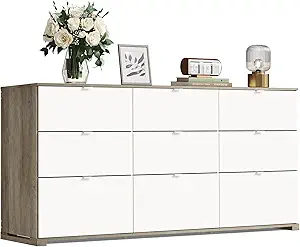 WLIVE 9 Drawer Dresser for Bedroom, 63" Wide Large Wood Chest of Drawers Organize with Sturdy Metal Handle, Modern Dresser for TV Stand, Living Room Office, Hallway, Ball Bearing Slide, Grey Oak