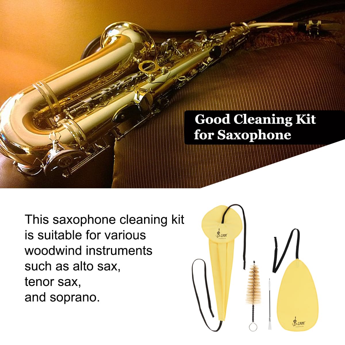Kit de paño de limpieza para saxofón, kit de hisopo de limpieza 4 en 1, incluye hisopo de limpieza y cepillo de boquilla para saxofón soprano tenor alto y otros instrumentos de viento y viento de