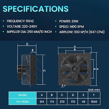 HG Power 250mm Shutter Exhaust Fan with Mesh Screen 1100m³/h Wall Mounted Extractor Fan Low Noise Shed Exhaust Fan for Ventilation Use, Basement, Gable, Chicken Coop, Black [Energy Class B]