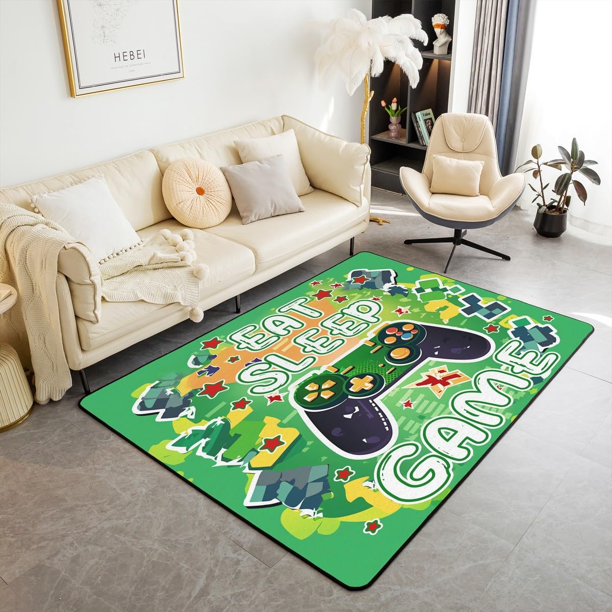 Loussiesd Dywan do salonu dla graczy, 100 x 150 cm, gamingowy dywan akcentujący dla chłopców, dziewcząt, nastolatków, nowoczesny kontroler konsoli do gier, wewnętrzna mata podłogowa, joystick, zielona