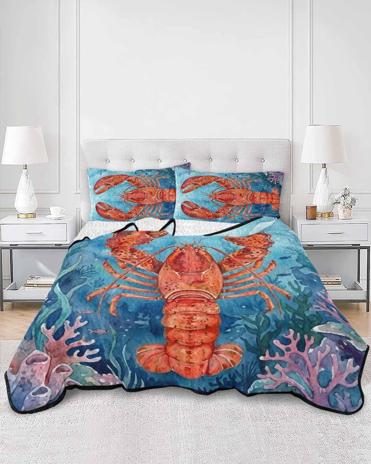 Full Size Quilt Set, Sea Animal Red Lobster Lightweight Bedspread Coverlet Set Soft Microfiber Summer Quilt with 2 Pillow Shams, Marine Life Corals 3 Piece Comforter Bedding Set