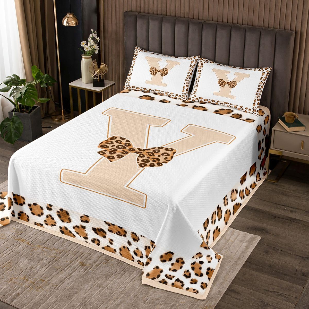 Feelyou Initial Letter A Bedspread Queen Size Abstract Coverlet Set Leopard Fur Stripes Quilted Coverlet for All Season with 2 Pillowcases Lightweight