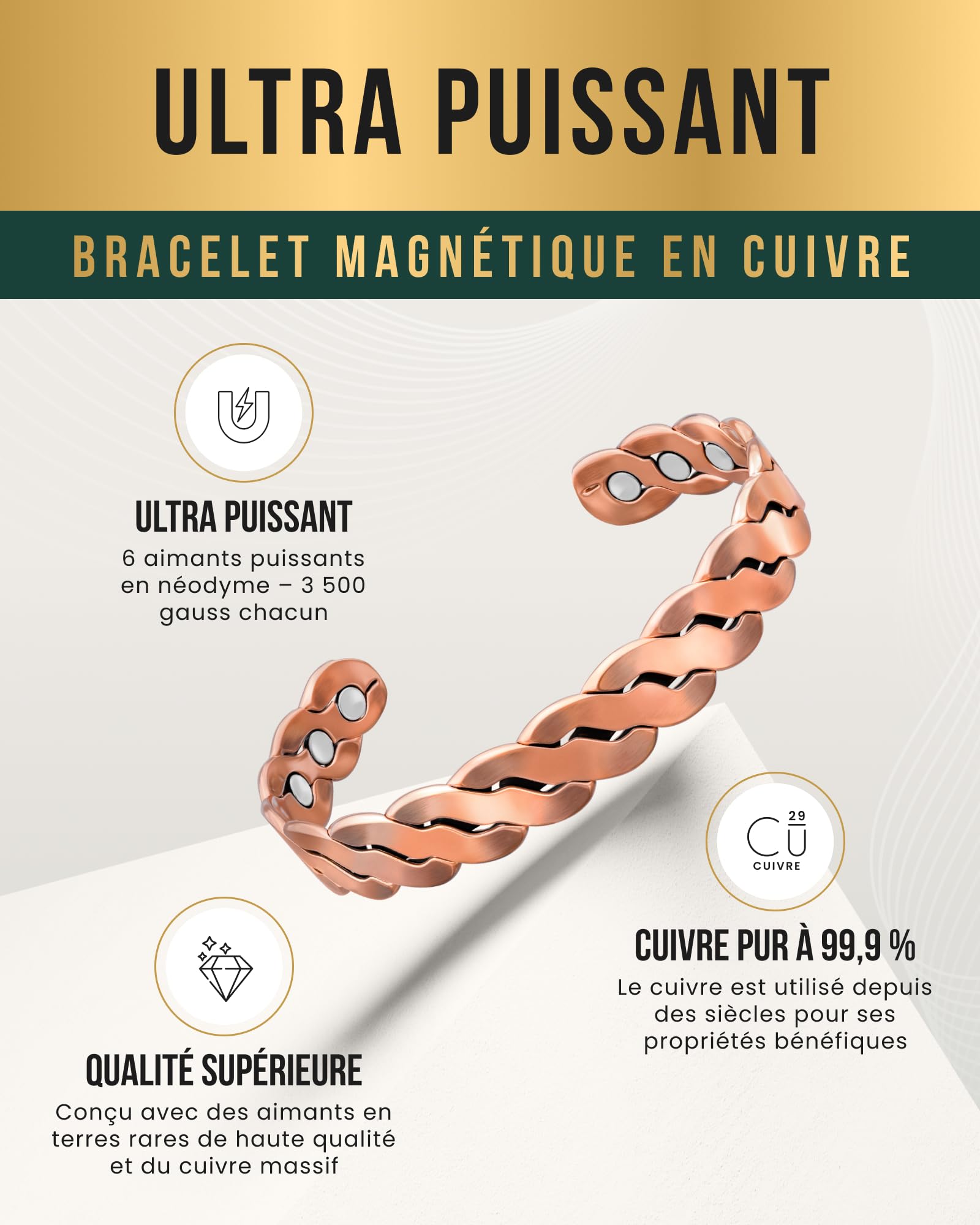 MagnetRX® bracelet cuivre homme et bracelet en cuivre femme – 6 aimants puissants (3500 GAUSS par aimant) – Bijou aimanté pur – Manchette réglable (Argent brossé | Moyen - Grand)