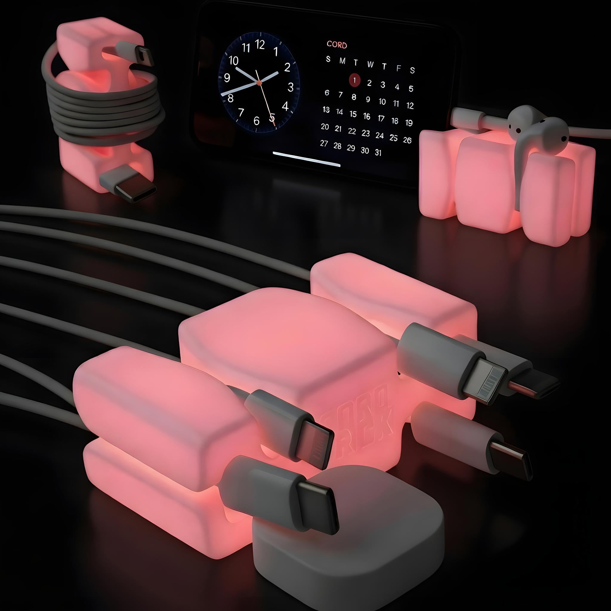 CordBrick Glowing Silicone + Steel Weighted Cable Holder for Nighstand, Cord Wrap for Travel, Unique iPhone Accessory. Small Graduation Gift for High Schoolers. Gadget for Teens. Pink Glow