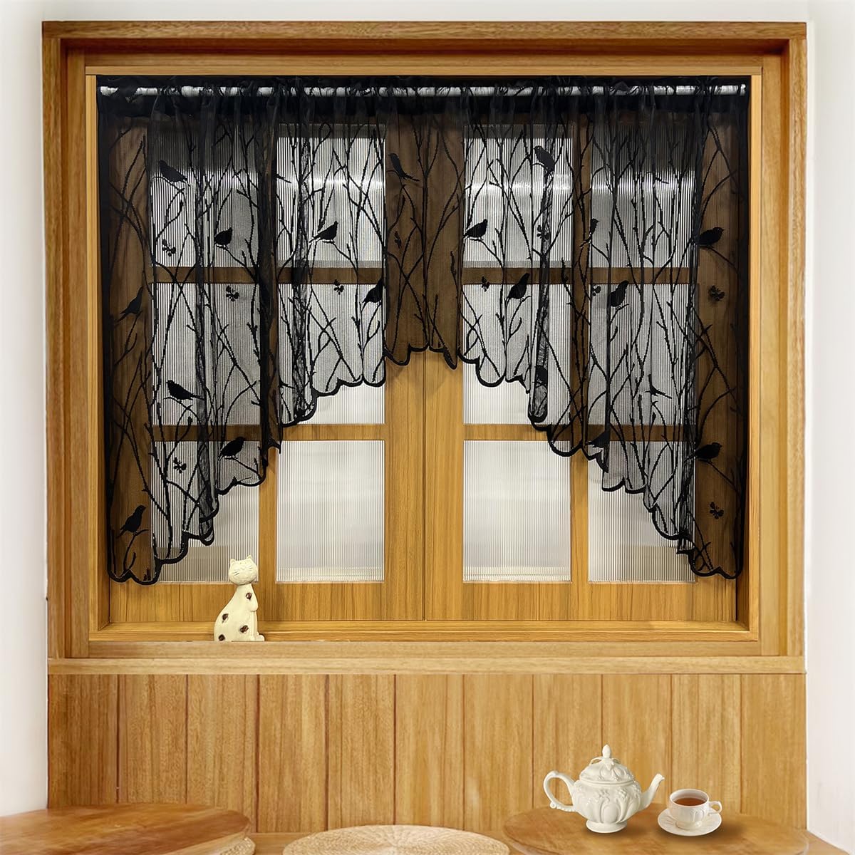 Amazon.com: KMSG Black Bird Lace Kitchen Sheer Curtain Valances Cafe ...
