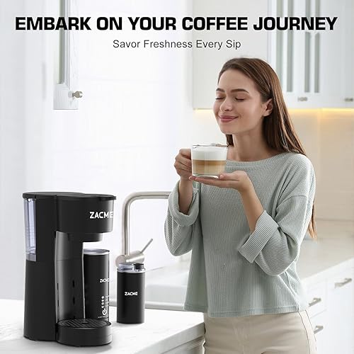 Miniatura 8 de ZACME Cafetera de una sola porción 4 en 1 con espumador de leche y molinillo, cafetera pequeña para taza K y molido, tanque de agua de 28 onzas,