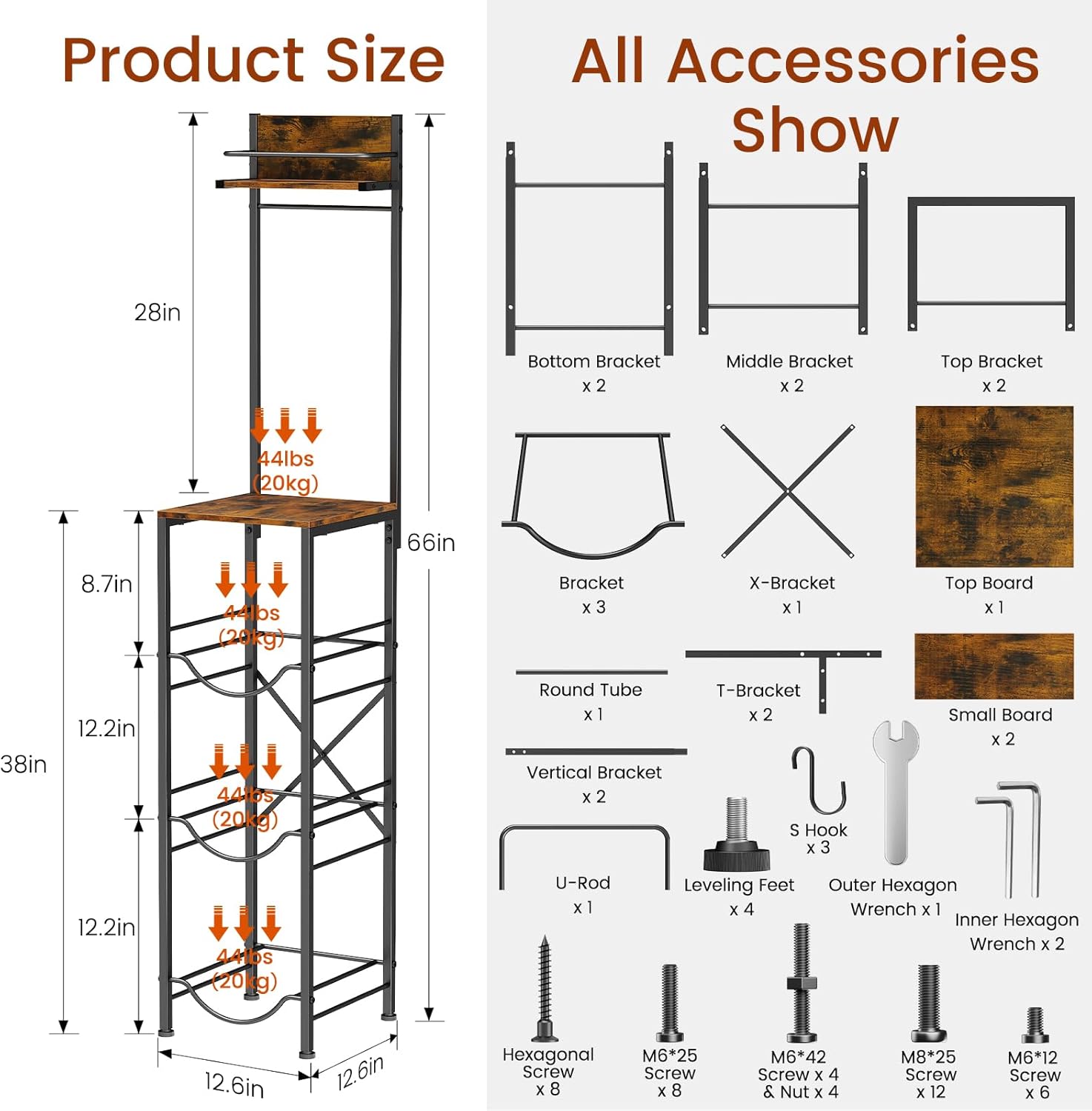 3-Tier 5 Gallon Water Jug Holder with Wood Storage Shelve 3 Hooks, 5 Gallon Water Bottle Holder, Water Jug Stand Water Jug Rack, Water Bottle Organizer for Kitchen Office Living Room,Brown