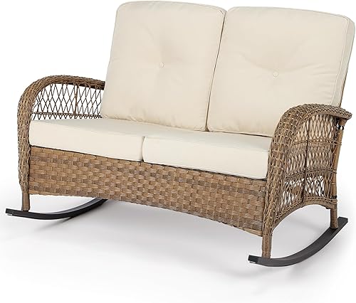 Miniatura 10 de VIVIJASON Mecedora Loveseat de Mimbre para Exteriores con Mesa de Café, Juego de Sofá Mecedor de Ratán para 2 Personas con Cojines Gruesos, Mecedora