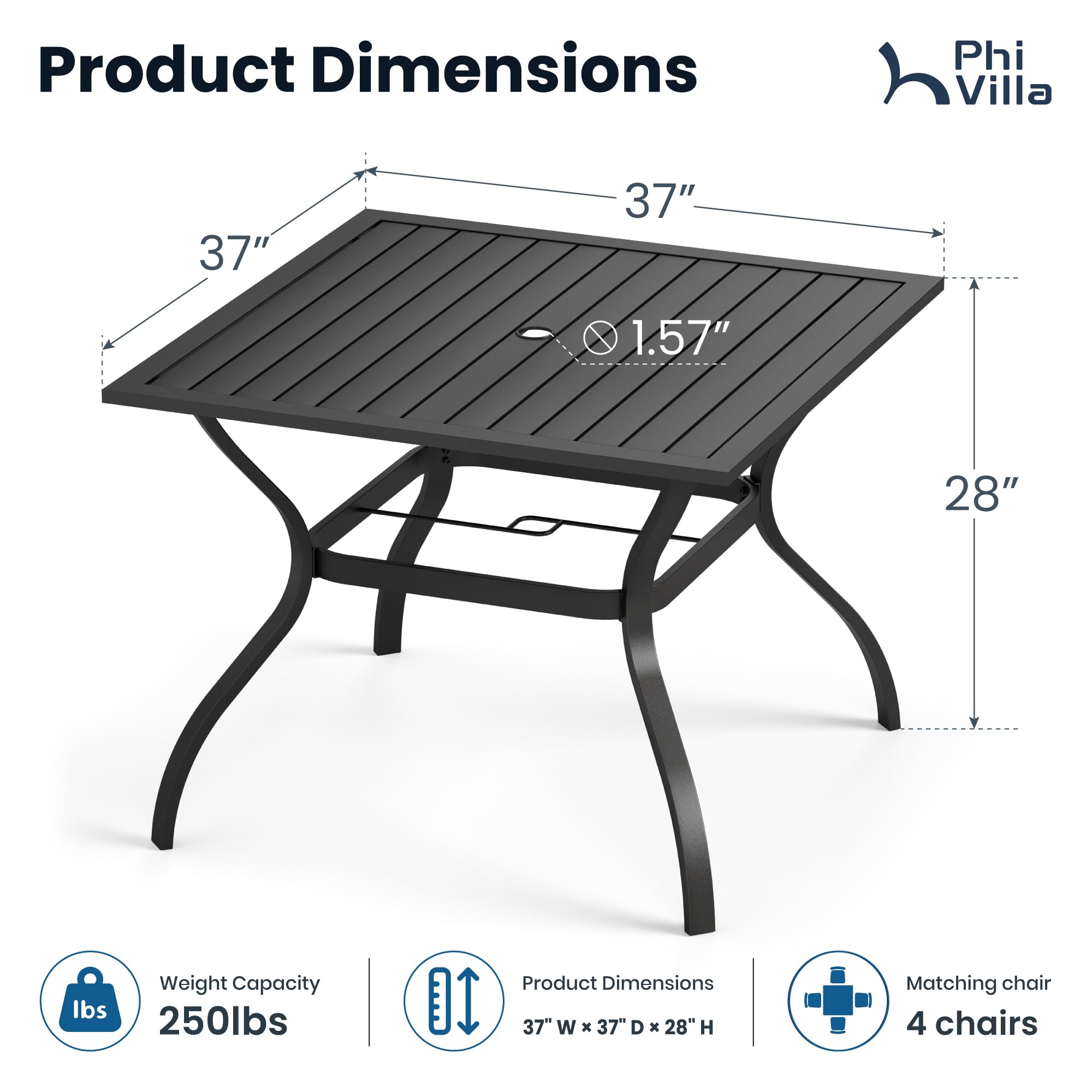 PHI VILLA Patio Table w/Umbrella Hole, Black Metal Dining Table for 4