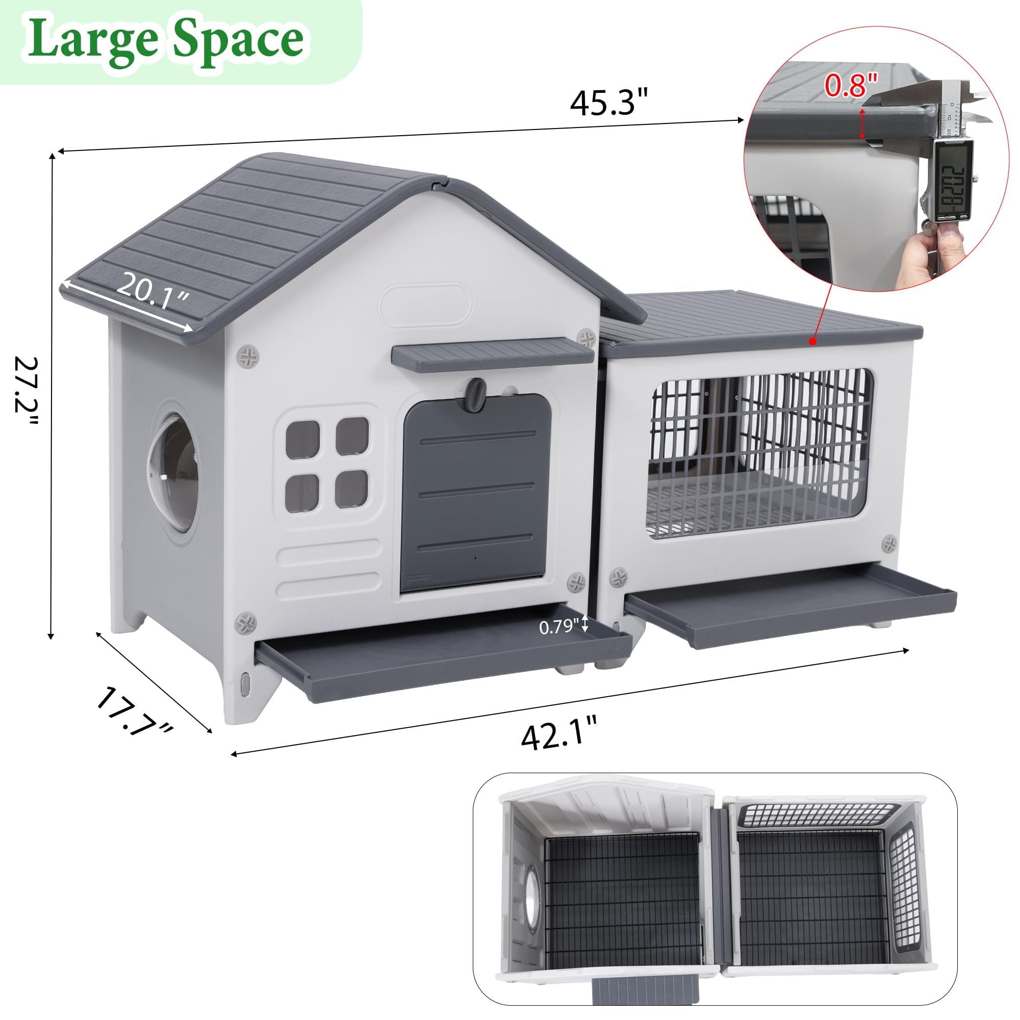 Clapier à lapin en plastique avec enclos à roues, toit pliant, plateau extensible, grille métallique, résistant à l'hiver, pour l'intérieur et l'extérieur