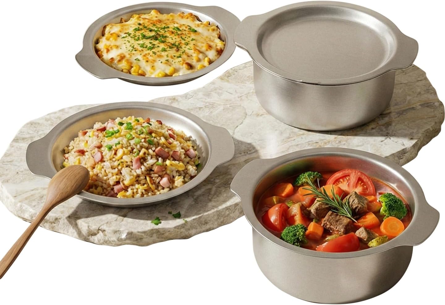 6-Piece Food-Grade 304 Stainless Steel Kitchenware Set (with Scratch-Resistant Finish), Heat-Resistant - Comes With Free Heat-Resistant Silicone Gloves And Lid Knobs, Suitable For Frying, Boiling