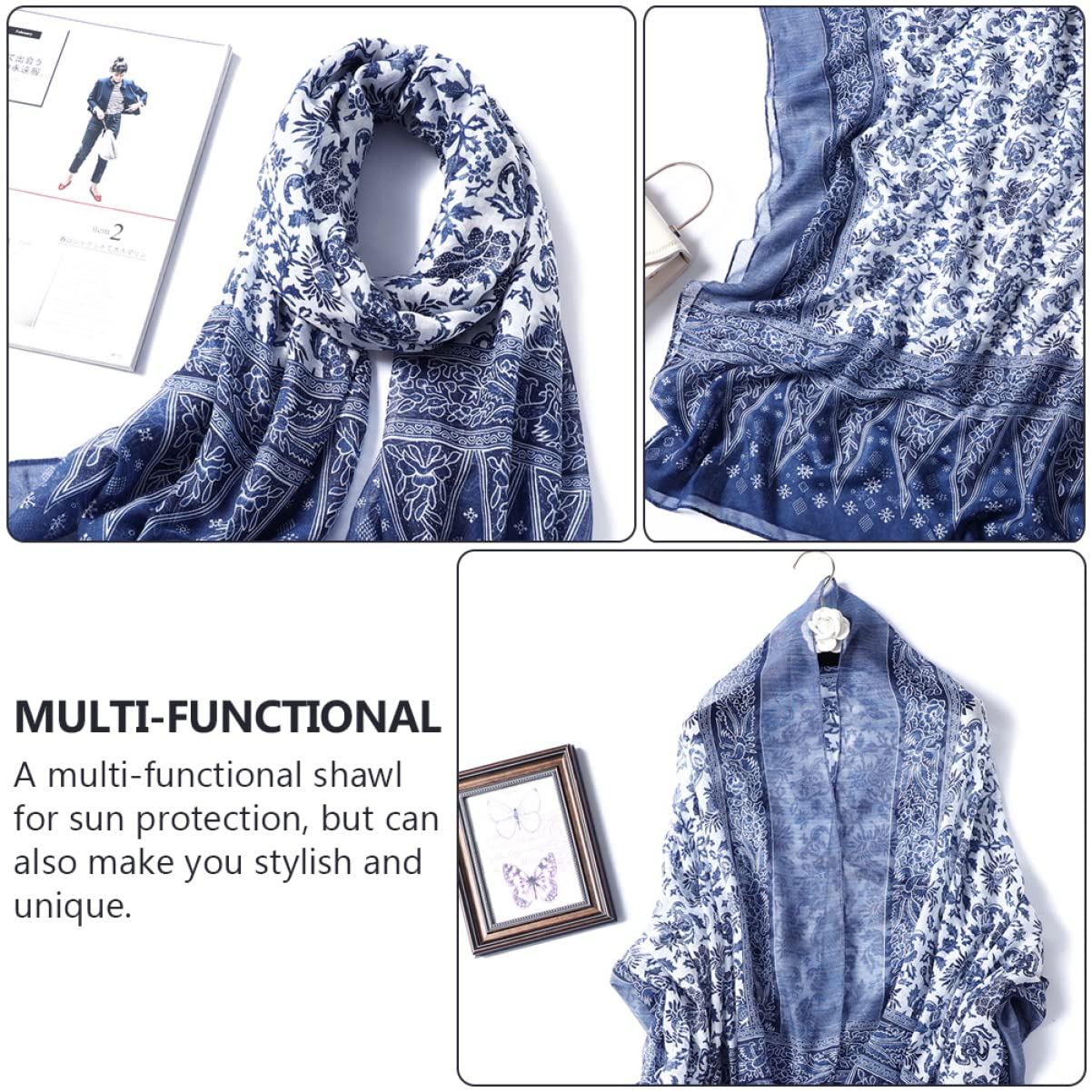 GALPADA 3pezzi Sciarpa Lunga Cotone Con Motivo Porcellana Blu e Bianco Elegante Sciarpa Frangia Femminile Per Picnic Spiaggia e Attività All Aperto