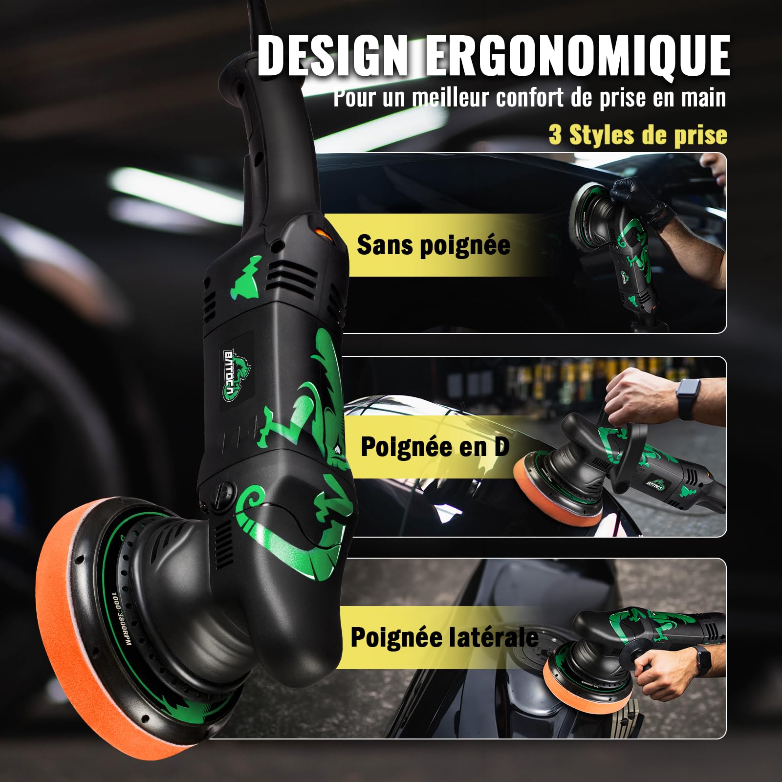 BATOCA T1 1100W Polisseuse Orbitale 15mm,150mm/125mm Polissage Voiture Set | Excentrique Polisseur,2500-5500RPM,Machine à Polir,Ponceuse,Cireuse,Entretien Peinture Auto,Nettoyer les rayures,Cirage