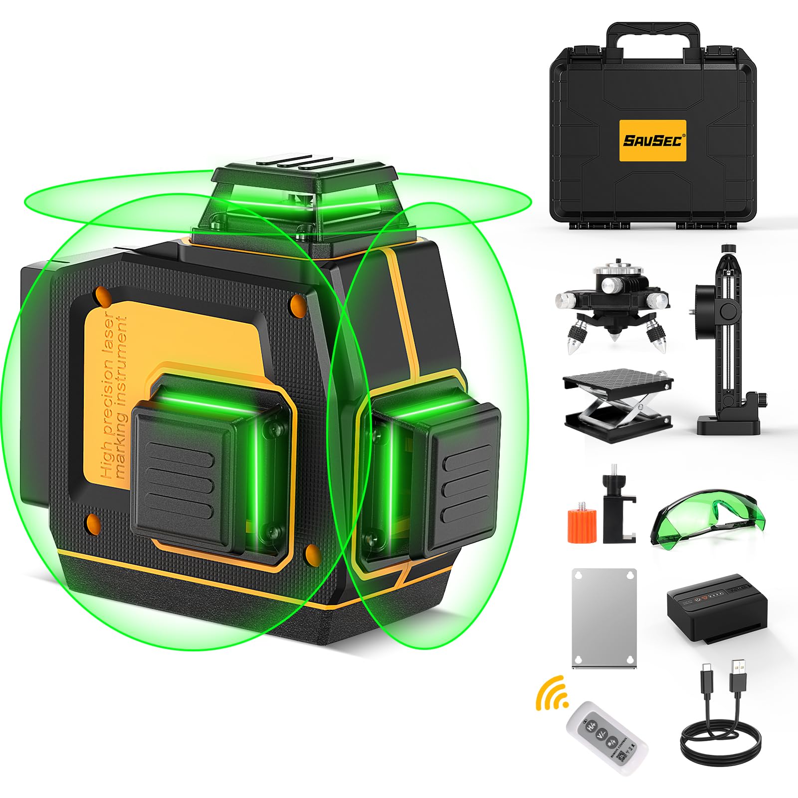 Laser Level 360 Self Leveling, SAVSEC 3 x 360 3D Stepless Dimming(Up to 37H) Green Line Laser, Cross Line Laser Leveler Tool for Construction and