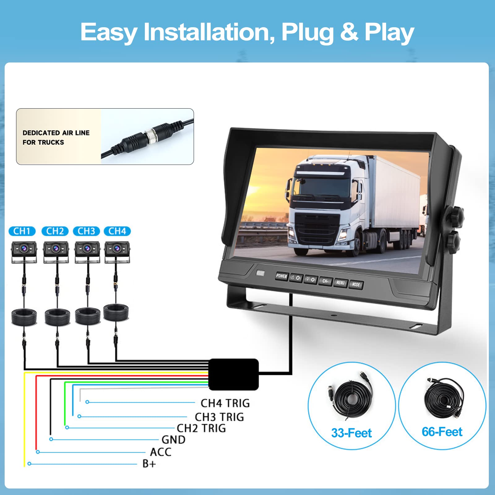 Zestaw czterech kamer cofania CAMECHO do ciężarówek – 9-calowy monitor LCD z nagrywaniem wideo DVR, szeroki kąt widzenia, stopień ochrony IP68, 18 diod IR do widzenia nocnego
