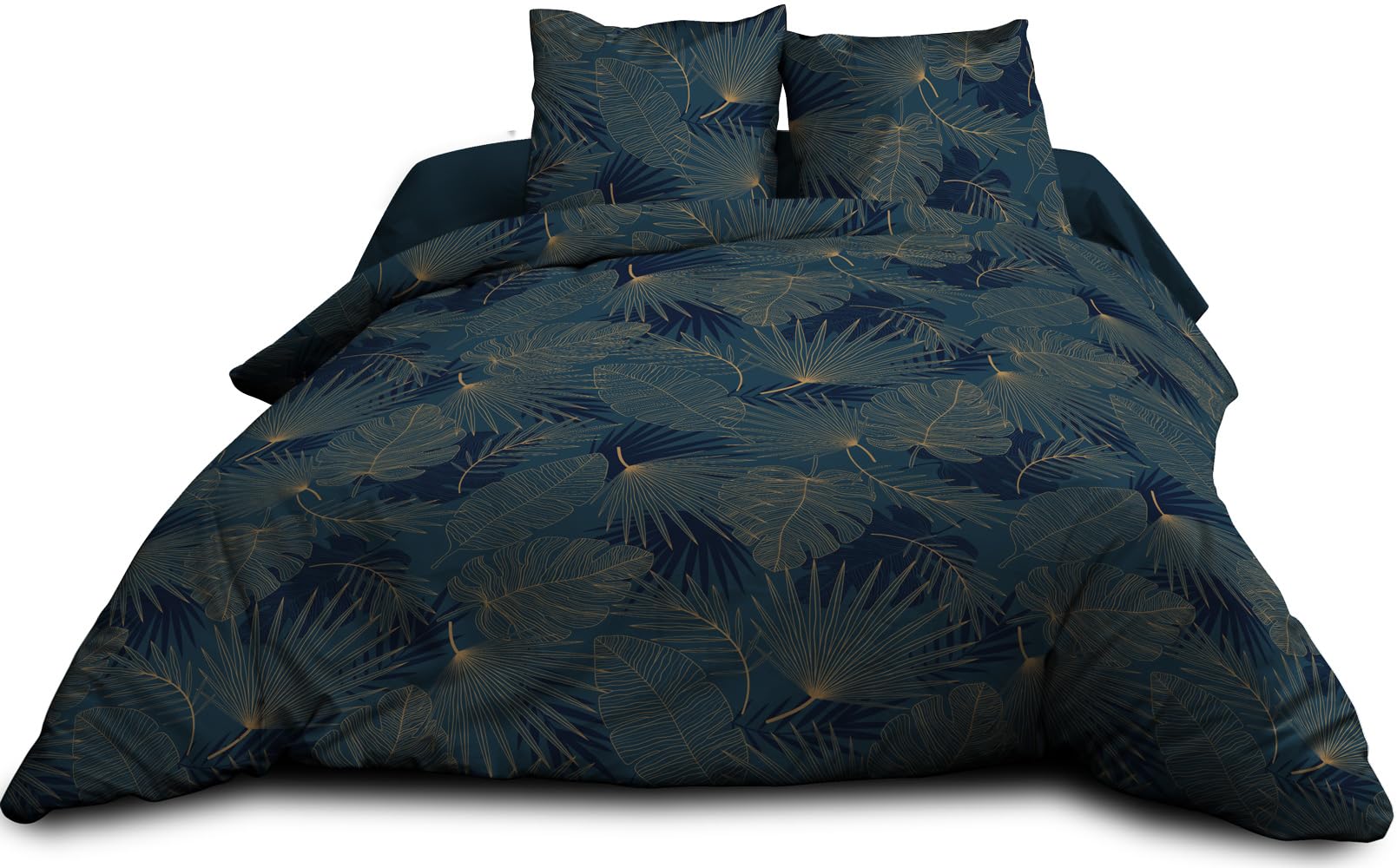Parure Drap Plat + Drap-Housse 140x190 + 2 T - Pur Coton 57 Fils - Olinda Bleu