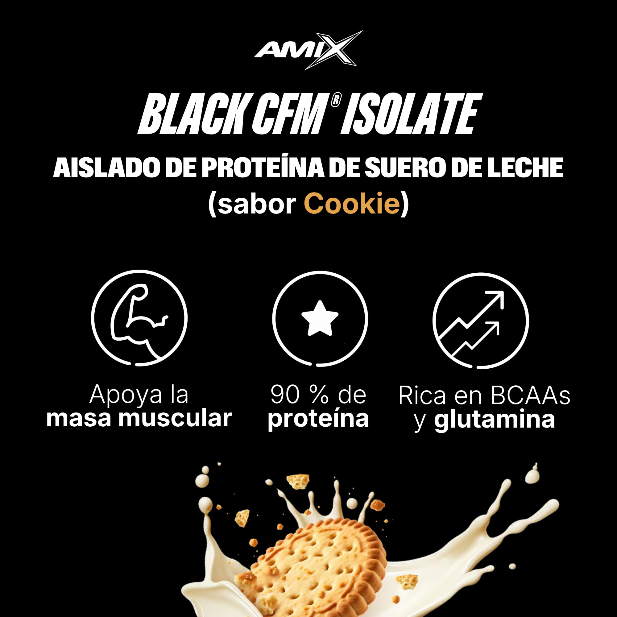Amix | Proteína BLACK CFM ISOLATE - Ayuda a Mantener la Masa Muscular - Con Enzimas Digestivas - Fácil Digestión - Rápida Absorción - Proteína en Polvo - 1 Kg - Sabor Cookie