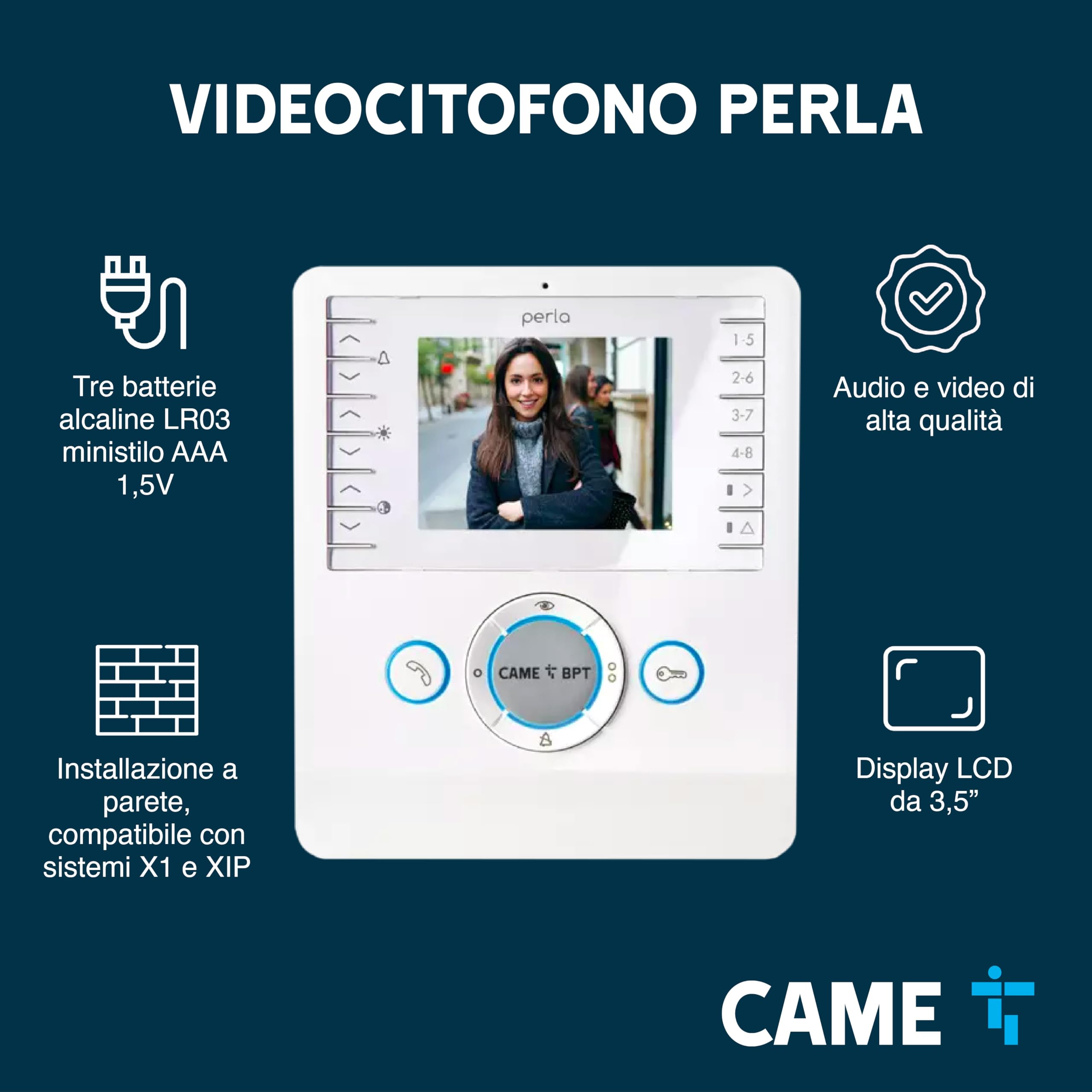 CAME Videocitofono vivavoce PERLA bianco con display LCD 3.5", ottima qualità video, due tasti AUX programmabili, compatibile con sistemi X1 e XIP, per una gestione sicura degli accessi residenziali