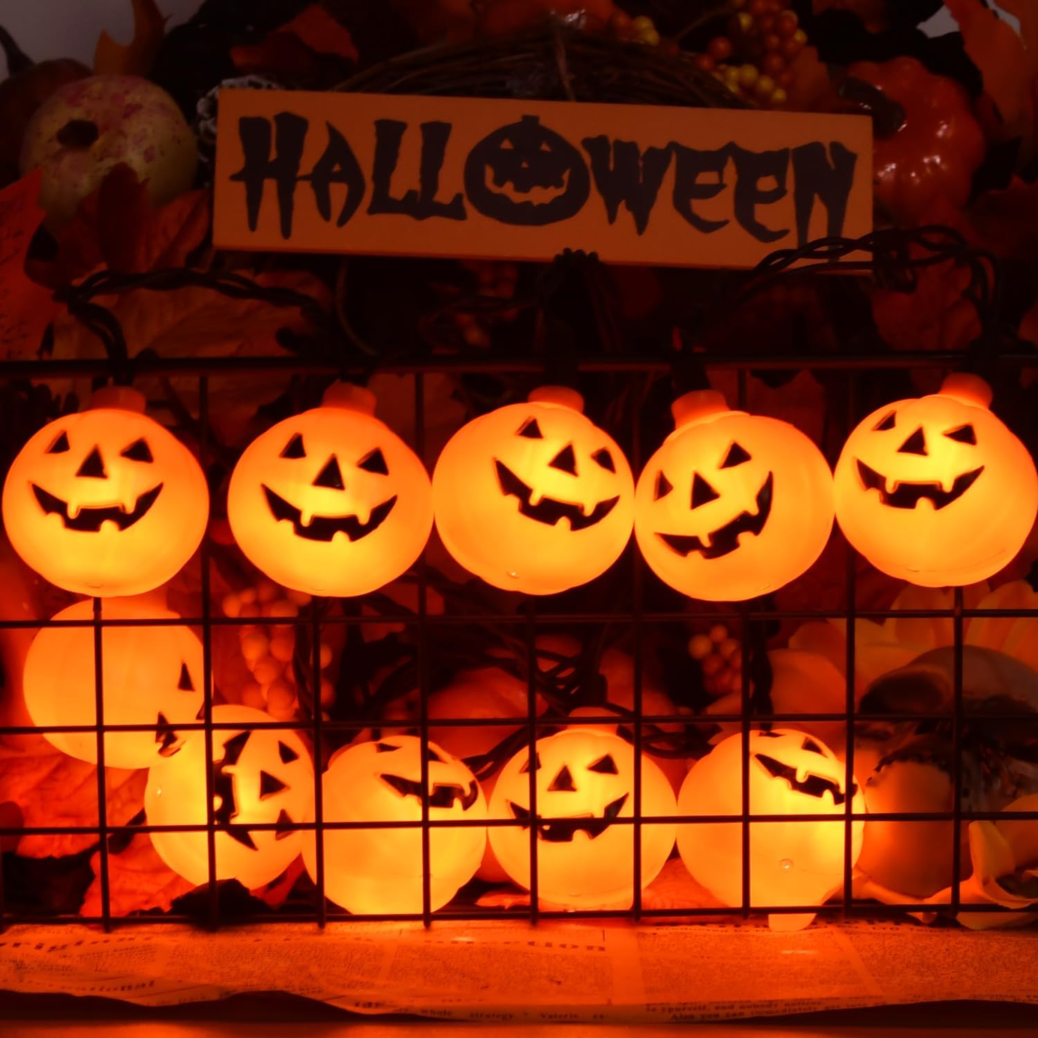 Halloween LED Pumpkin Lights - 8.5Ft Jack O Lantern Pumpkin String Lights with 10 LED Jack O Lantern Lights, for Indoor Outdoor Halloween Decorations for Home Party Yard Patio Tree, 0.07W