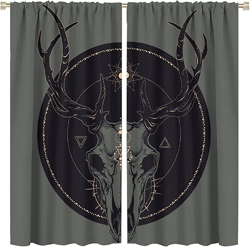 Vista 113 de Cortinas de cabeza de cabra, misteriosa cabeza de cabra malvada, calavera negra, bolsillo para barra, cortinas opacas para ventana, juego de 2