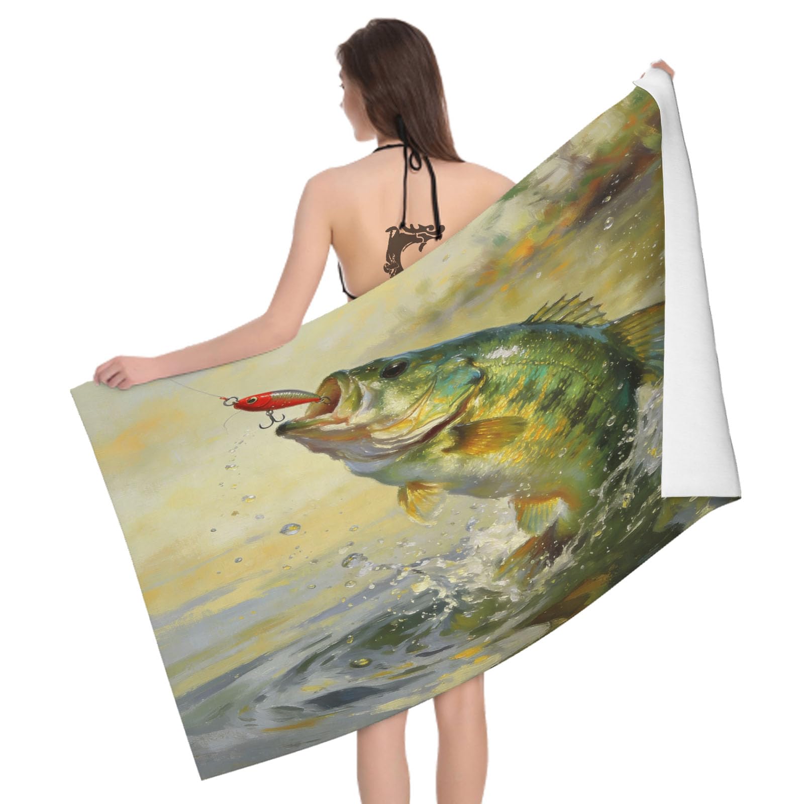 Leichong 3D Sea Bass Beach Towel Large Microfiber Soft Quick Dry for Adults, Cartoon Bath Towel Lightweight Soft Absorbent for Travel Swimming Pool Sports, 180 x 90 cm