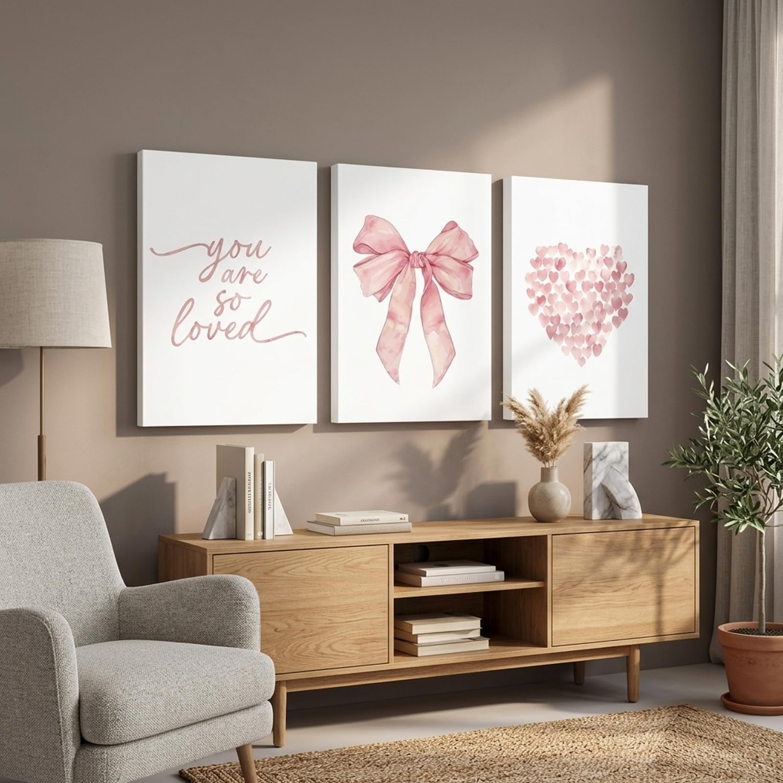 champracer 3er Rosa Poster Set mit Holzrahmen Poster Aesthetic Ästhetisches rosa Herz-Schleifen-Muster Leinwand Wandkunst Mädchen Zimmer Deko (40 * 60cm)
