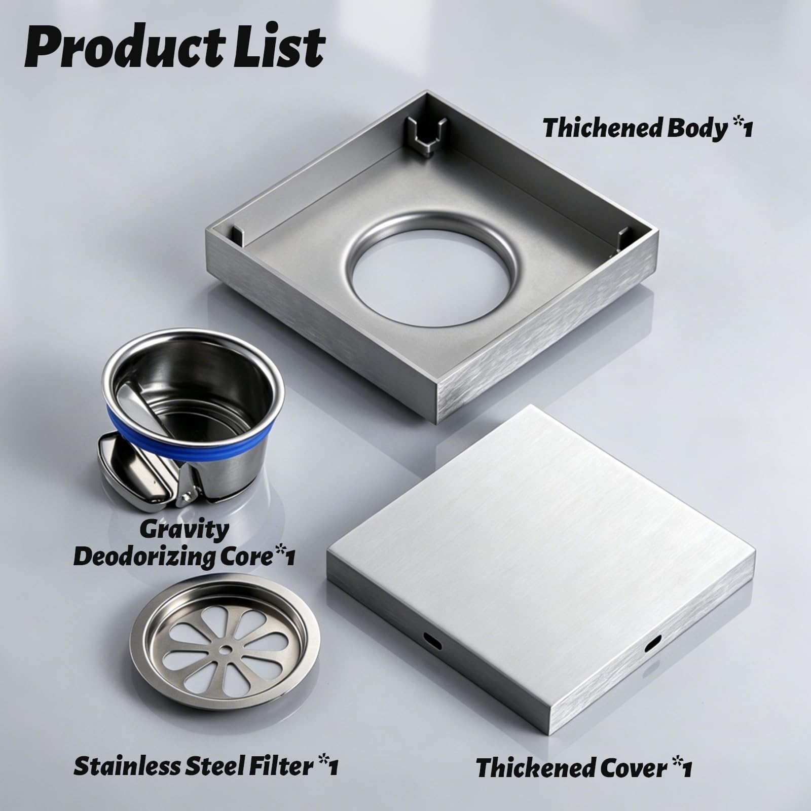 Scarico Doccia 15x15 cm, Piletta Inox Piastrellabile Antiodore
