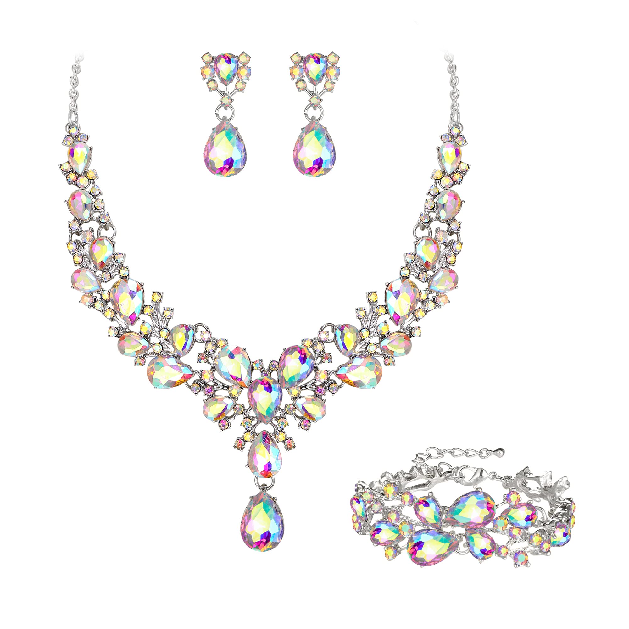 EVER FAITH Juegos de Joyas Mujer Cristal Austriaco Elegante Gota de Agua Racimo de Flores Collar Grueso Pendientes Pulsera Conjunto