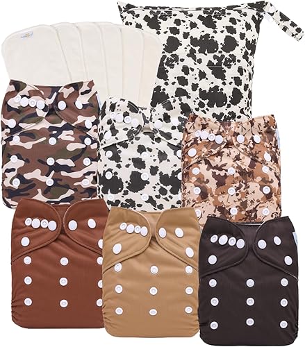 babygoal Pañales de tela reutilizables, paquete de 6 con 6 piezas de rayón de inserciones de bambú y bolsa para húmedos, pañal de bolsillo lavable