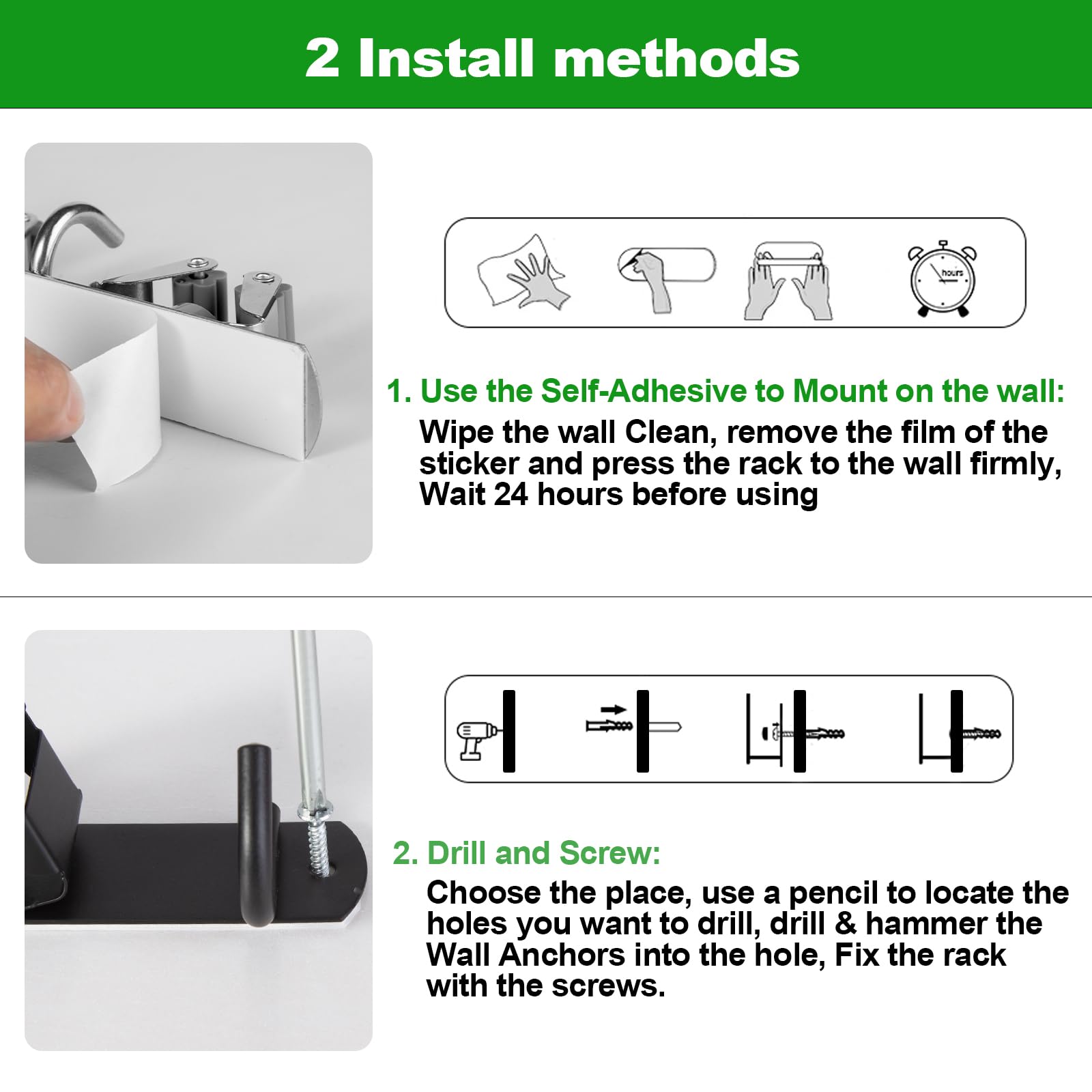 voze 2 estantes y 3 ganchos para fregona y escoba, soporte de pared, autoadhesivo resistente, organizador de escobas, estantes de almacenamiento para cocina, jardín, lavandería, garaje