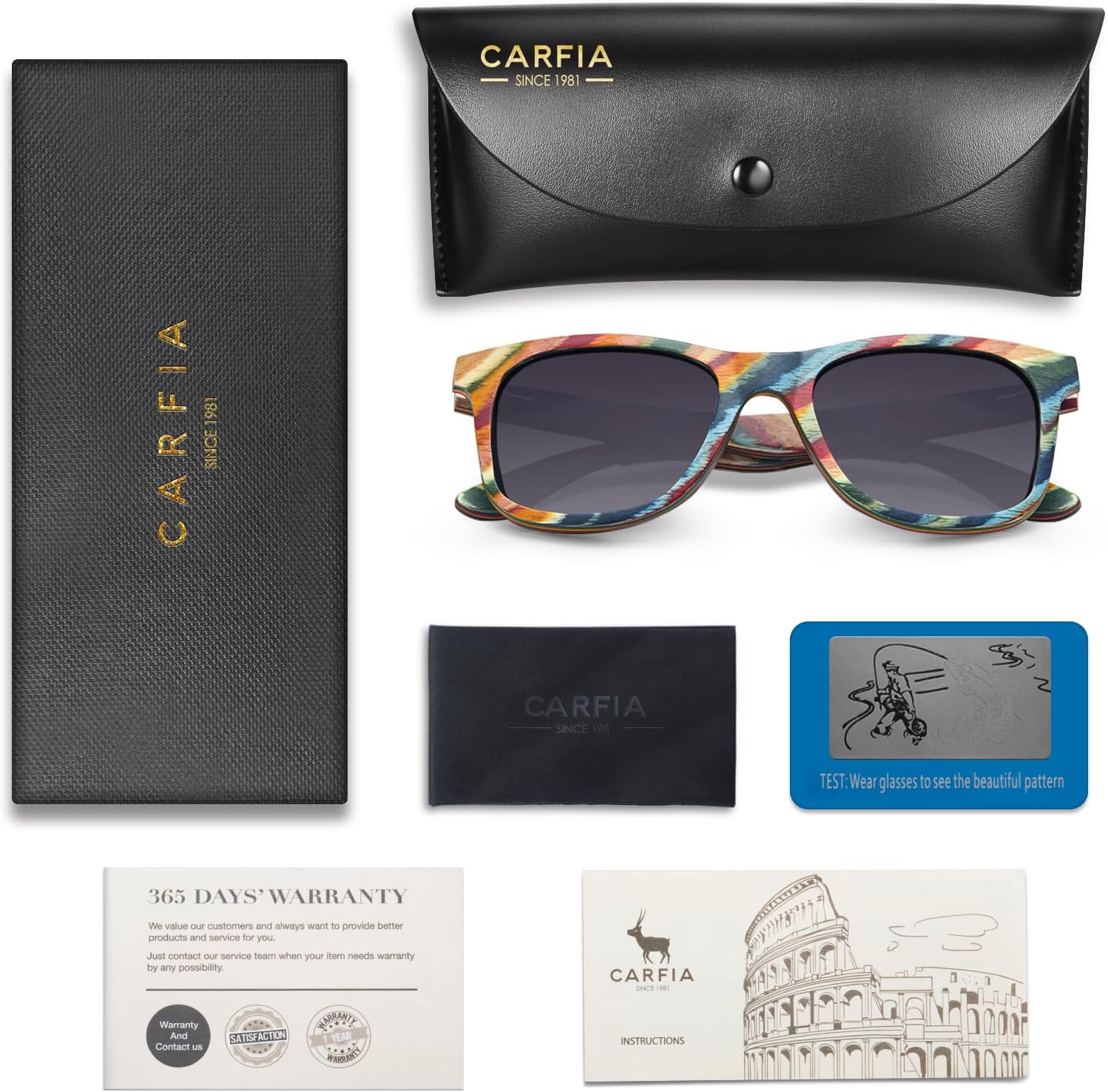 CARFIA Wood Polarized Sunglasses for Men and Women UV400 Protection Retro Square Shades for Driving