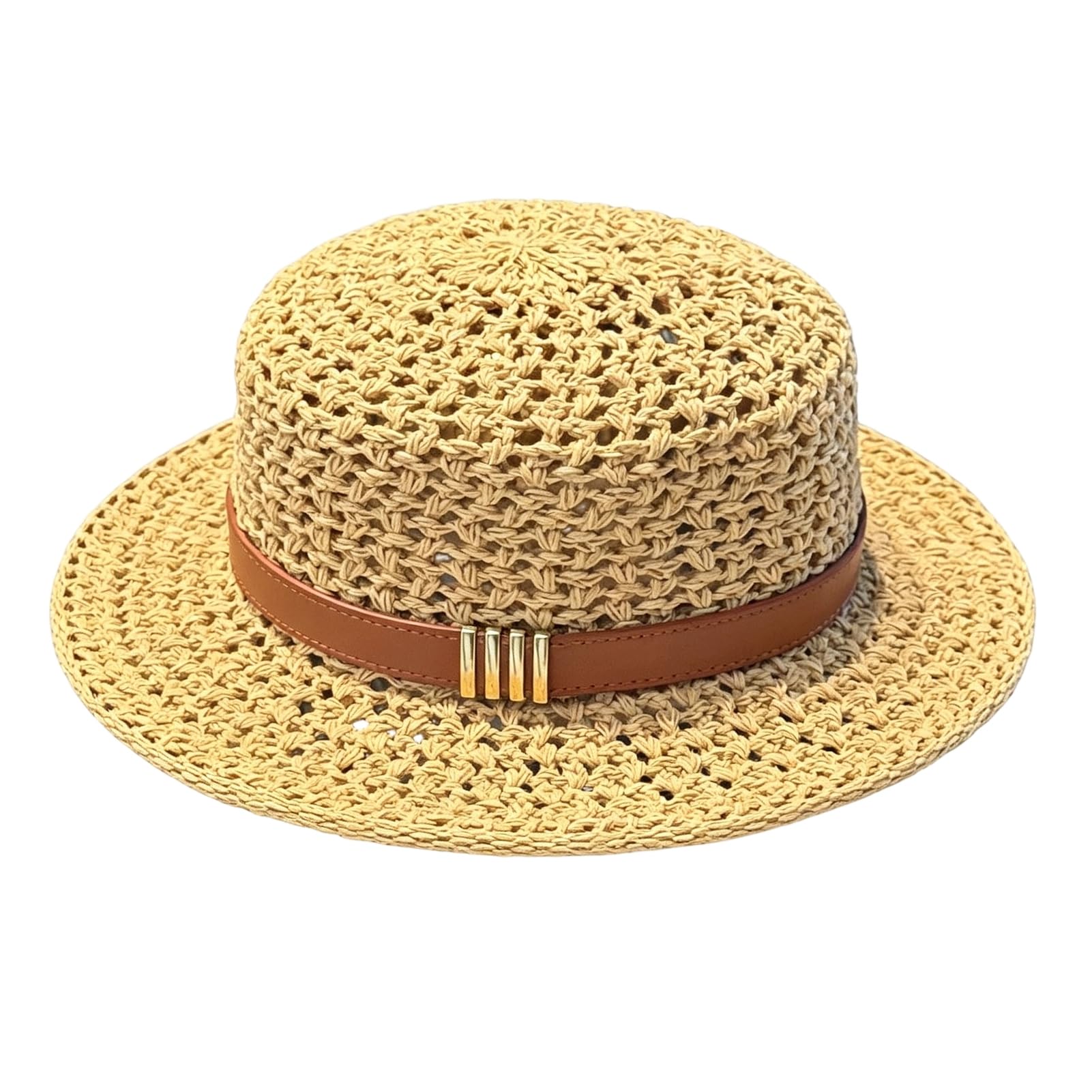matumou Flat Top Knitted Hat, Leather Strap Wide Brim Hat, Breathable Hollow Weave Summer Hat for Outdoor Travel