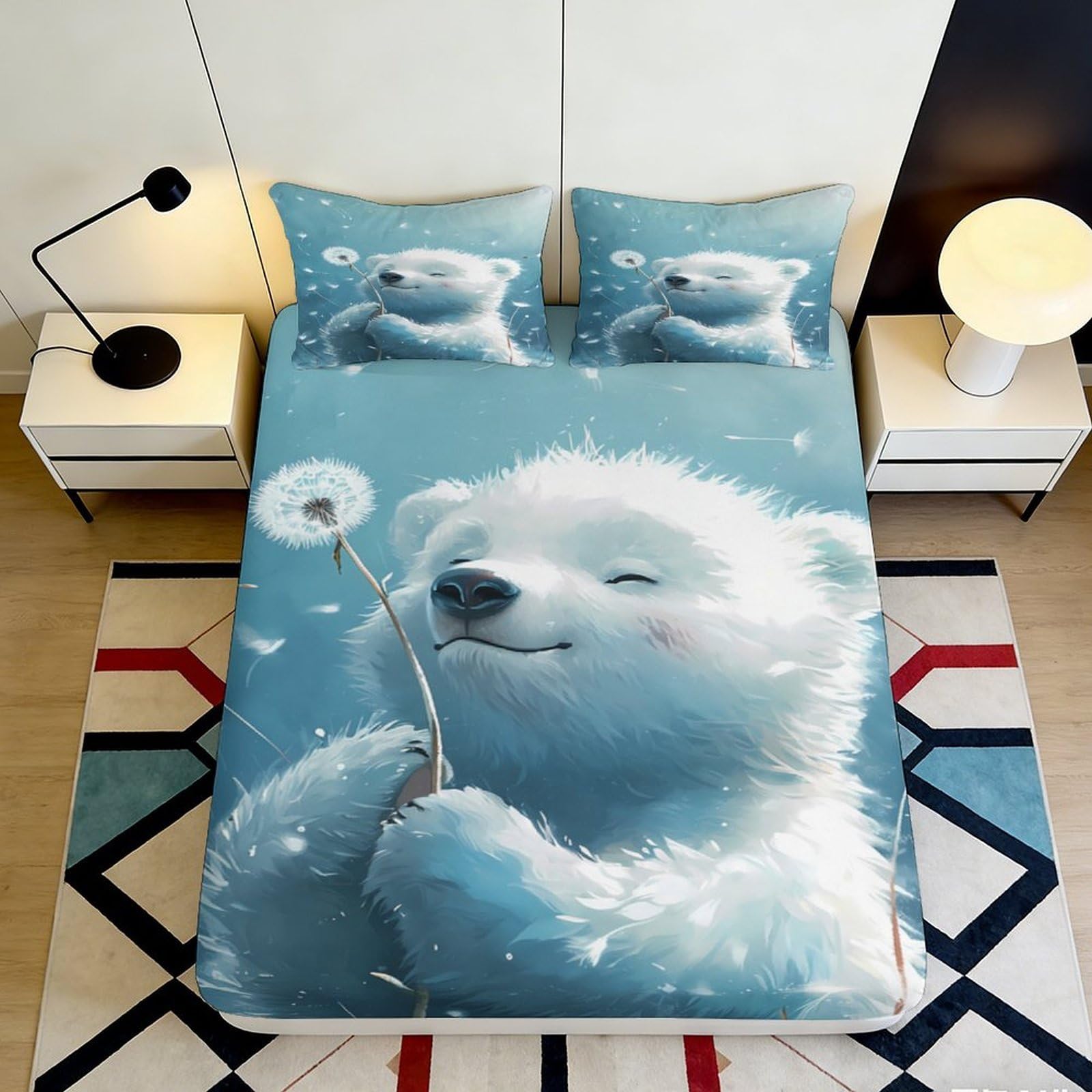 3D Printed Polar Bear Fitted Sheet Microfiber Soft Breathable Dandelion Bed Cover for Bedroom Dormitory Guest Room Mattress Protection Decor 160x200x25cm