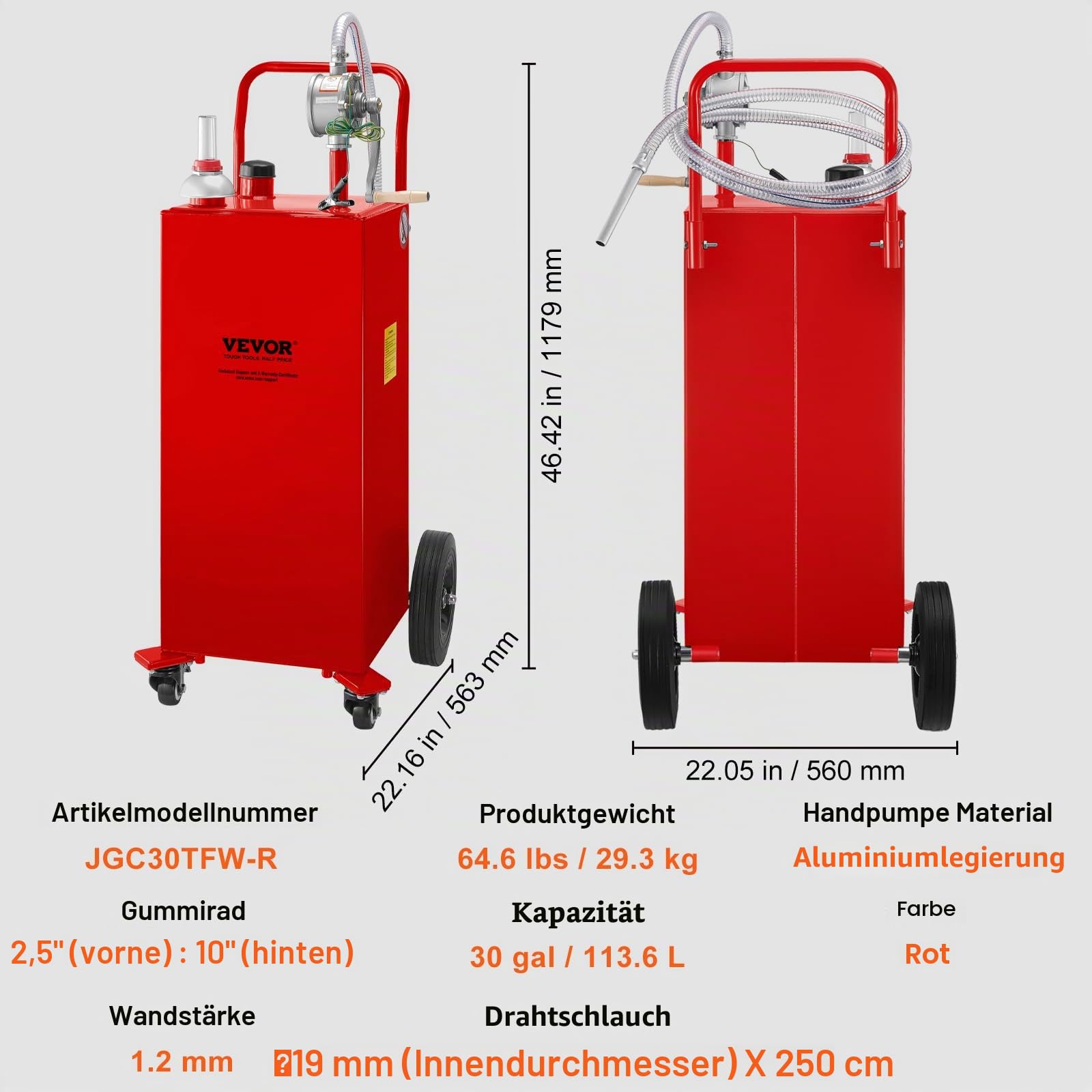 VEVOR 30-Gallonen-Kraftstoffbehälter, Gasspeichertank und 4 Räder, mit manueller Transferpumpe, Benzin-Diesel-Kraftstoffbehälter für Autos, Rasenmäher, Geländefahrzeuge, Boote usw., Rot