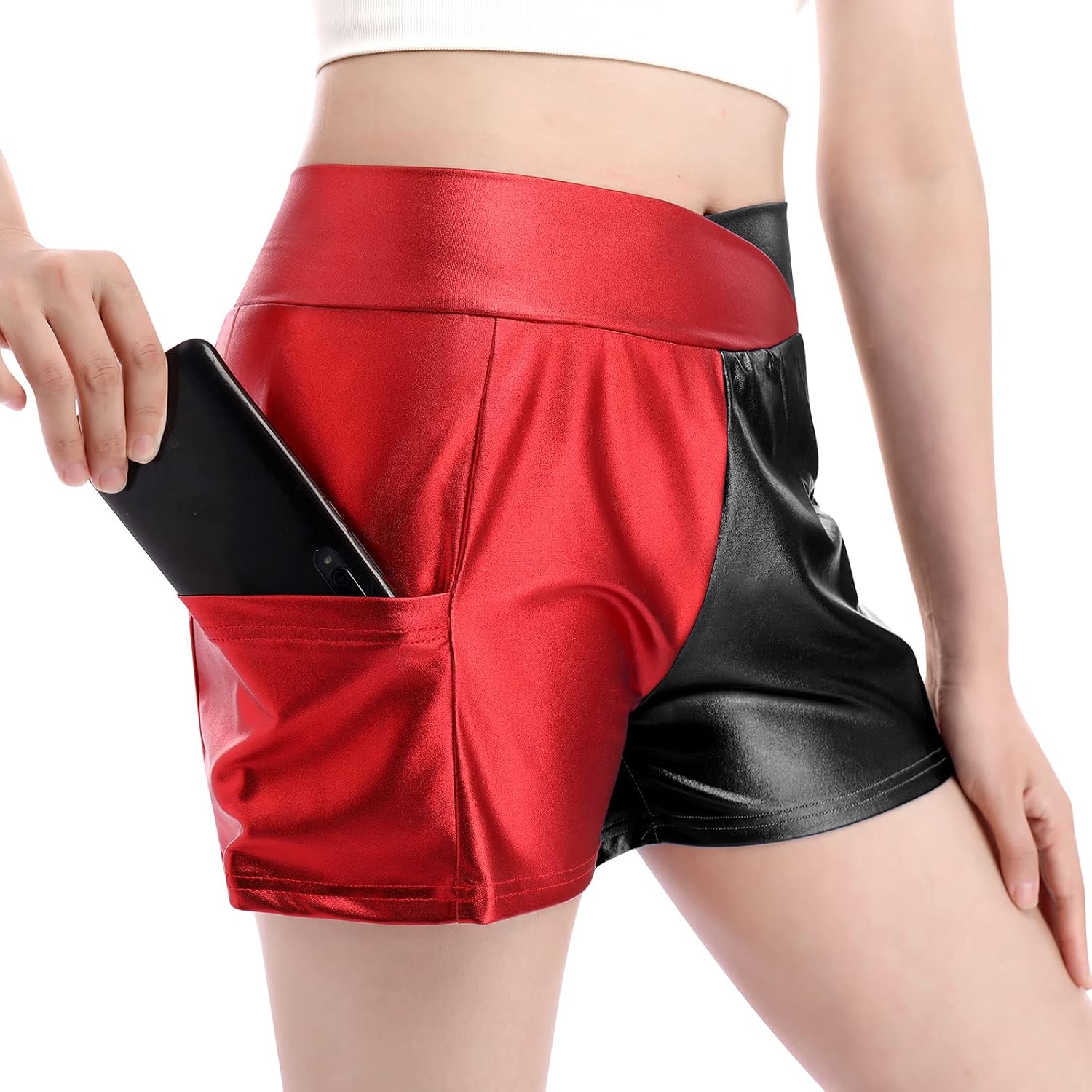 Womens Shiny Metallic Dance Shorts Sparkly Cross Waist Short Yoga Gym Rave Booty Festival Hot Pants with Pockets